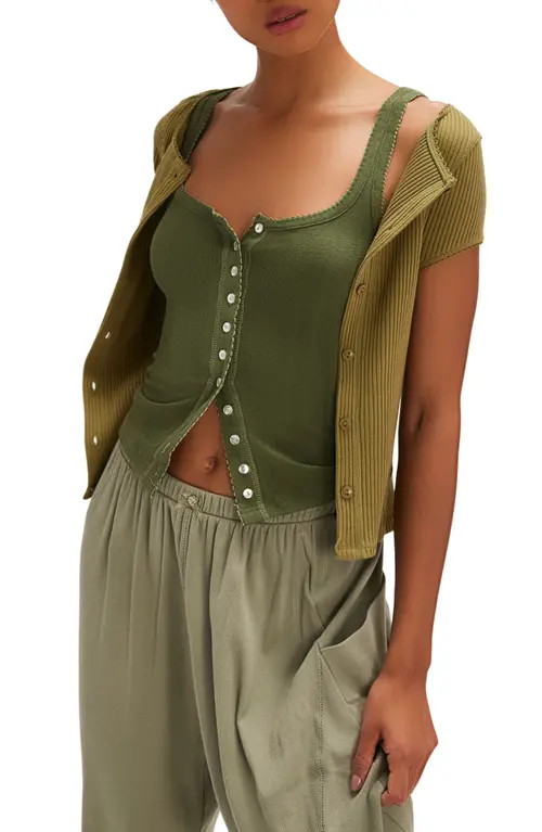 Free People End Game Pointelle Button-Up Tank in Army at Nordstrom, Size X-Small | Nordstrom