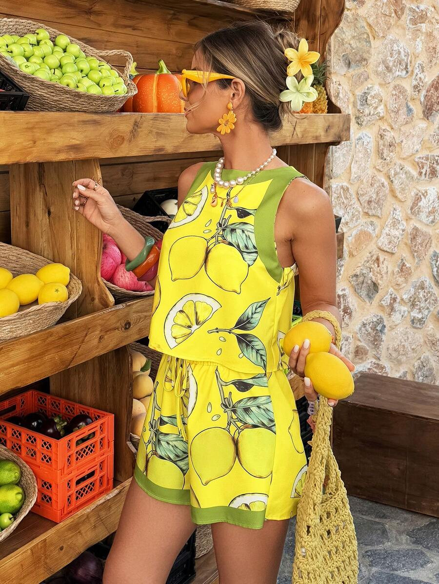 2pcs Lemon Print Sleeveless Shorts Set, Casual Daily Wear, Dopamine Vacation Outfit For Women | SHEIN