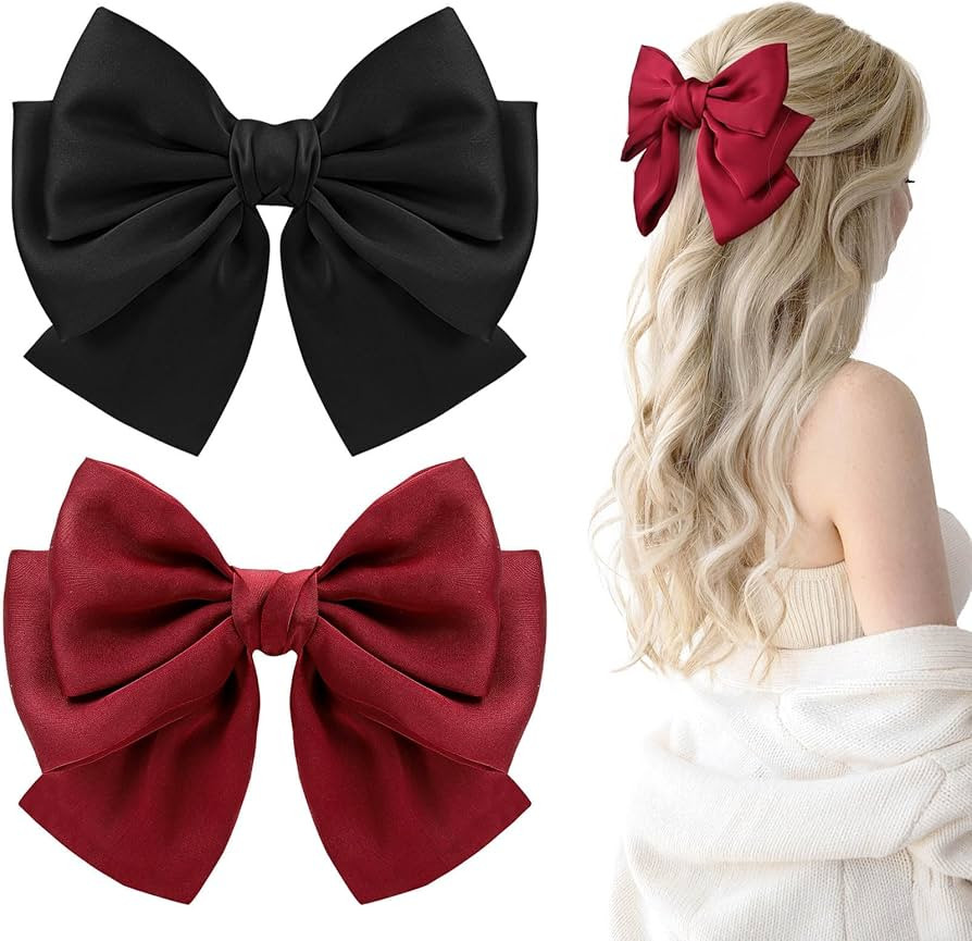 2PCS Big Satin Layered Hair Bows for Women Girls 7 Inch Black Red Barrette Hair Clip Large Silk R... | Amazon (US)