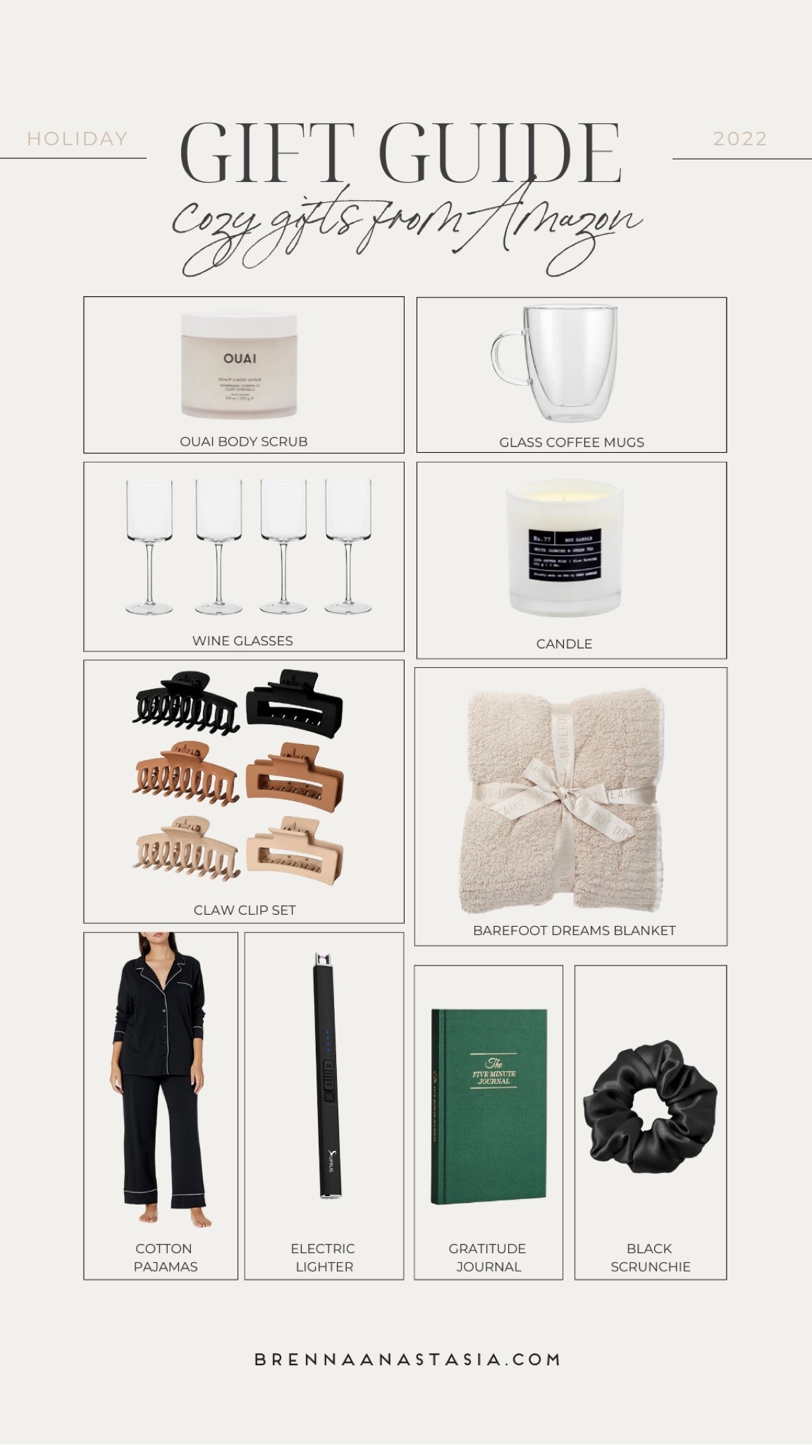 Cozy gift ideas from Amazon! Holiday gift guide 2022, wine glasses, pajamas, five minute journal, Ouai body scrub, clear coffee mugs, glass coffee mug, scrunchie, Barefoot dreams blanket, fuzzy slippers 

#LTKunder50 #LTKhome #LTKHoliday
