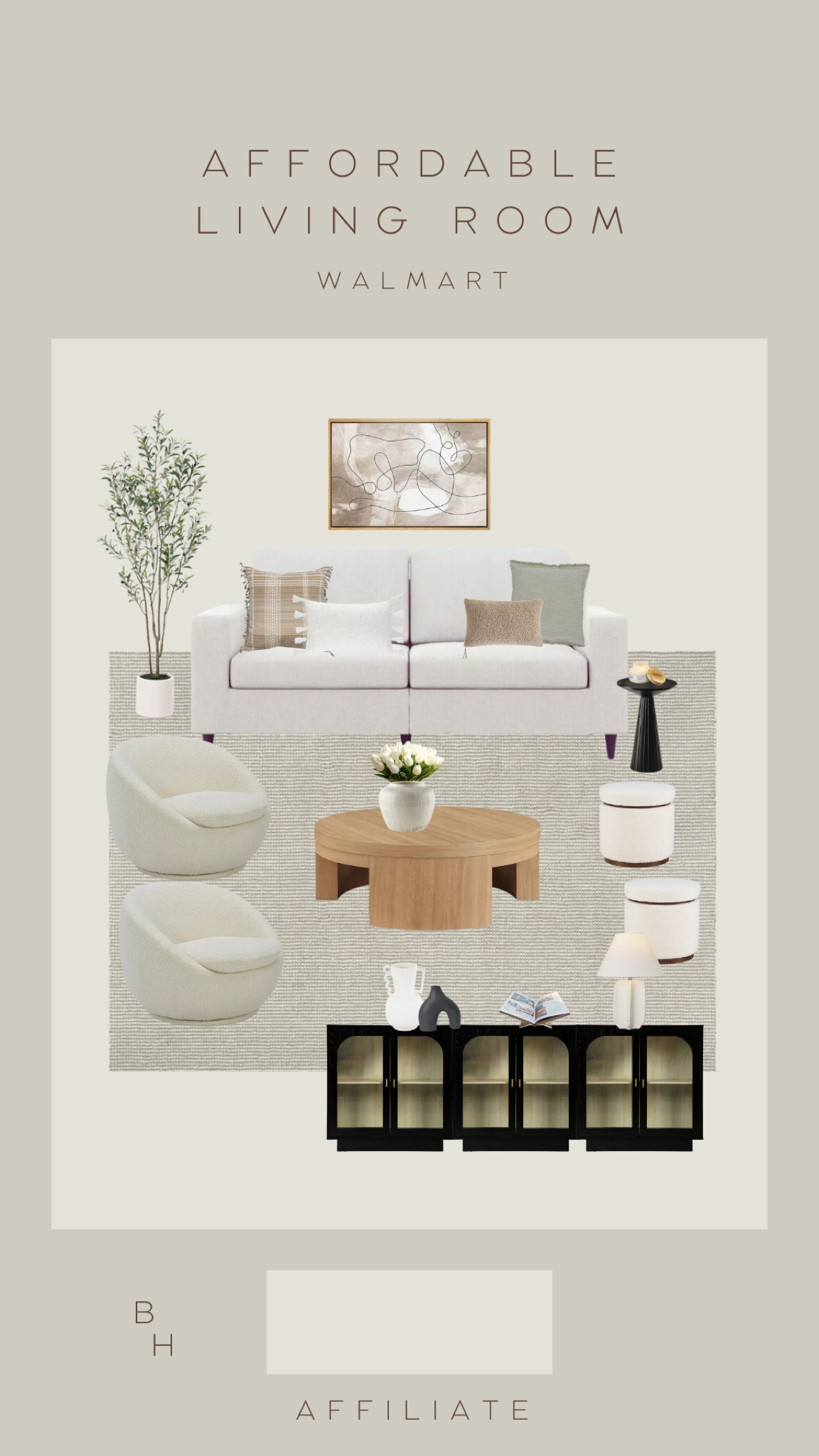 Affordable living room all from Walmart!! 🤎

Neutral coffee table, oversized coffee table, black glass cabinet, trending decor, trending Walmart decor, home decor, abstract art, styled moodboard, swivel chairs, affordable swivel chairs, affordable olive tree, ottomans; affordable rug, pillow combination

#LTKhome