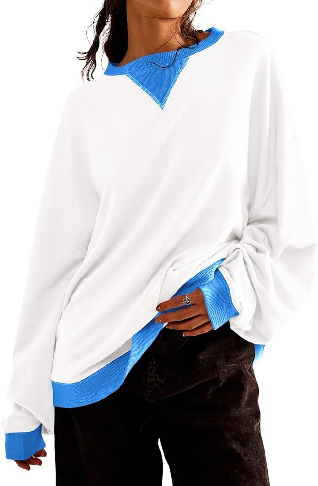 Fisoew Womens Color Block Crew Neck Sweatshirt Oversized Long Sleeve Shirt Casual Pullover Top Y2... | Amazon (US)