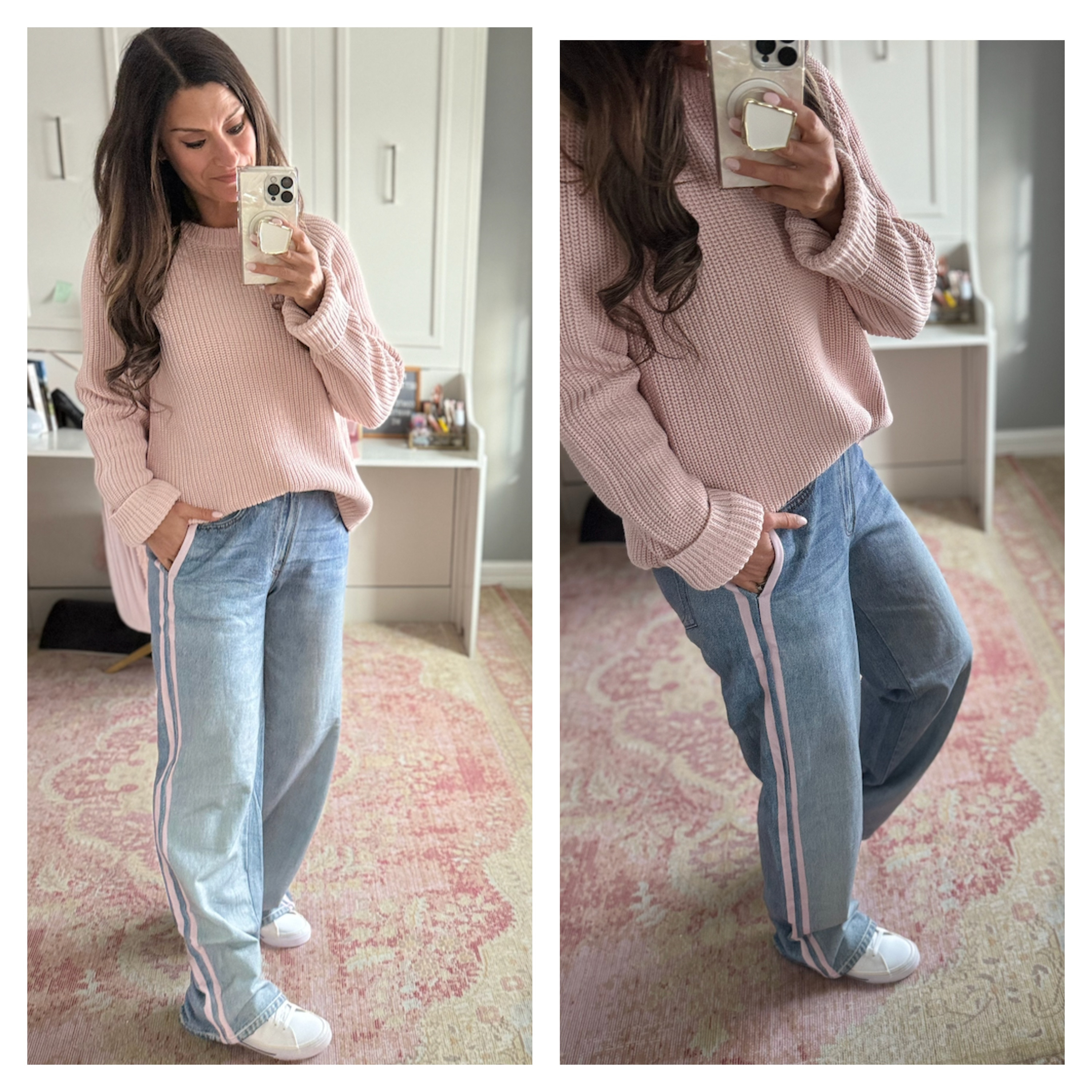 Casual spring outfit with a pink sweater and viral sweatpant jeans 

 