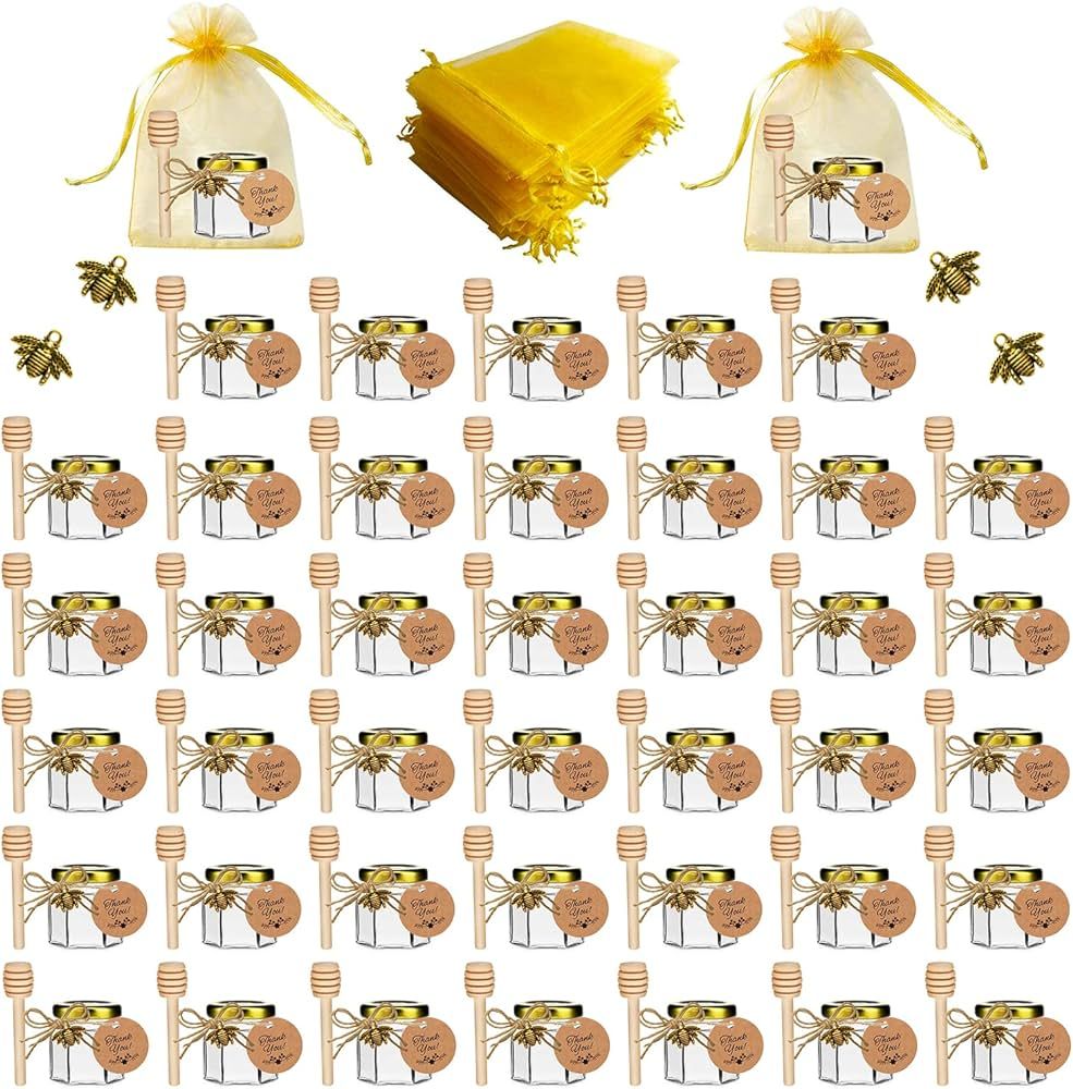 40 Pack 1.5 oz Hexagon Mini Glass Honey Jars with Wooden Dippers, Gold Lids, Bee Pendants, Golden... | Amazon (US)