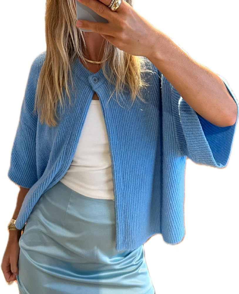 KMBANGI Women Knitted Cropped Blouse Short Sleeve Button Knit Shirt Crop Cardigan Y2k Open Front ... | Amazon (US)