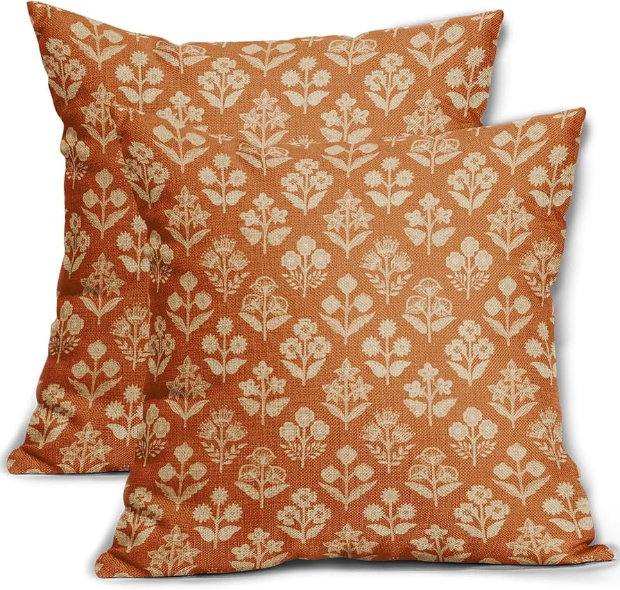 Burnt Orange Floral Block Print Pillow Covers 18x18 Inch Set of 2, Vintage Flower Pattern Decorat... | Amazon (US)