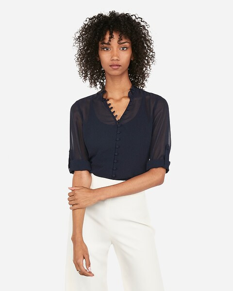 slim fit ruffle chiffon portofino shirt | Express