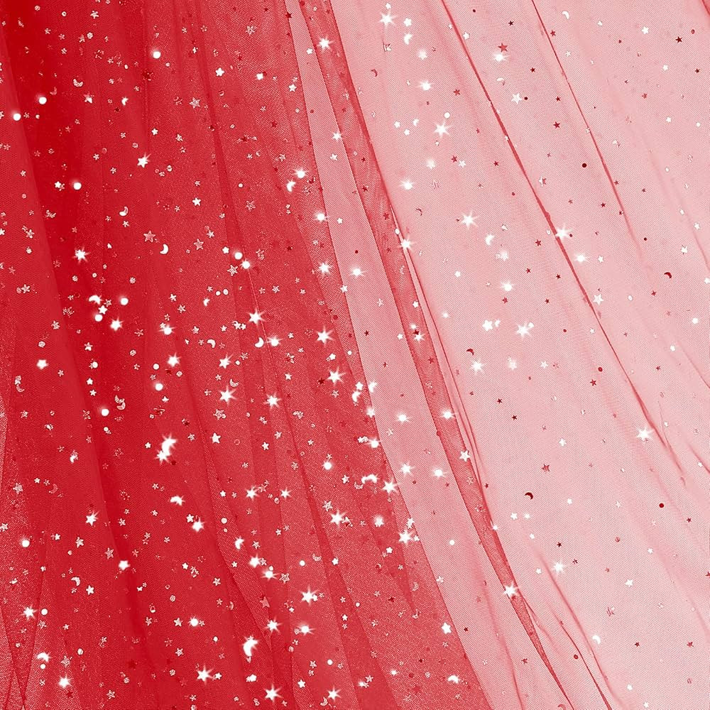 Homiest Glitter Tulle Fabric Rolls with Star Moon Sequin, 1 Yard x 54 Inch Wide Tulle Bolt Red Tu... | Amazon (US)