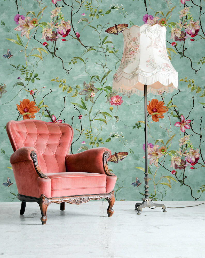 Chinoiserie vintage floral wallpaper, flowers and birds pattern, peel and stick, self adhesive, r... | Etsy (US)