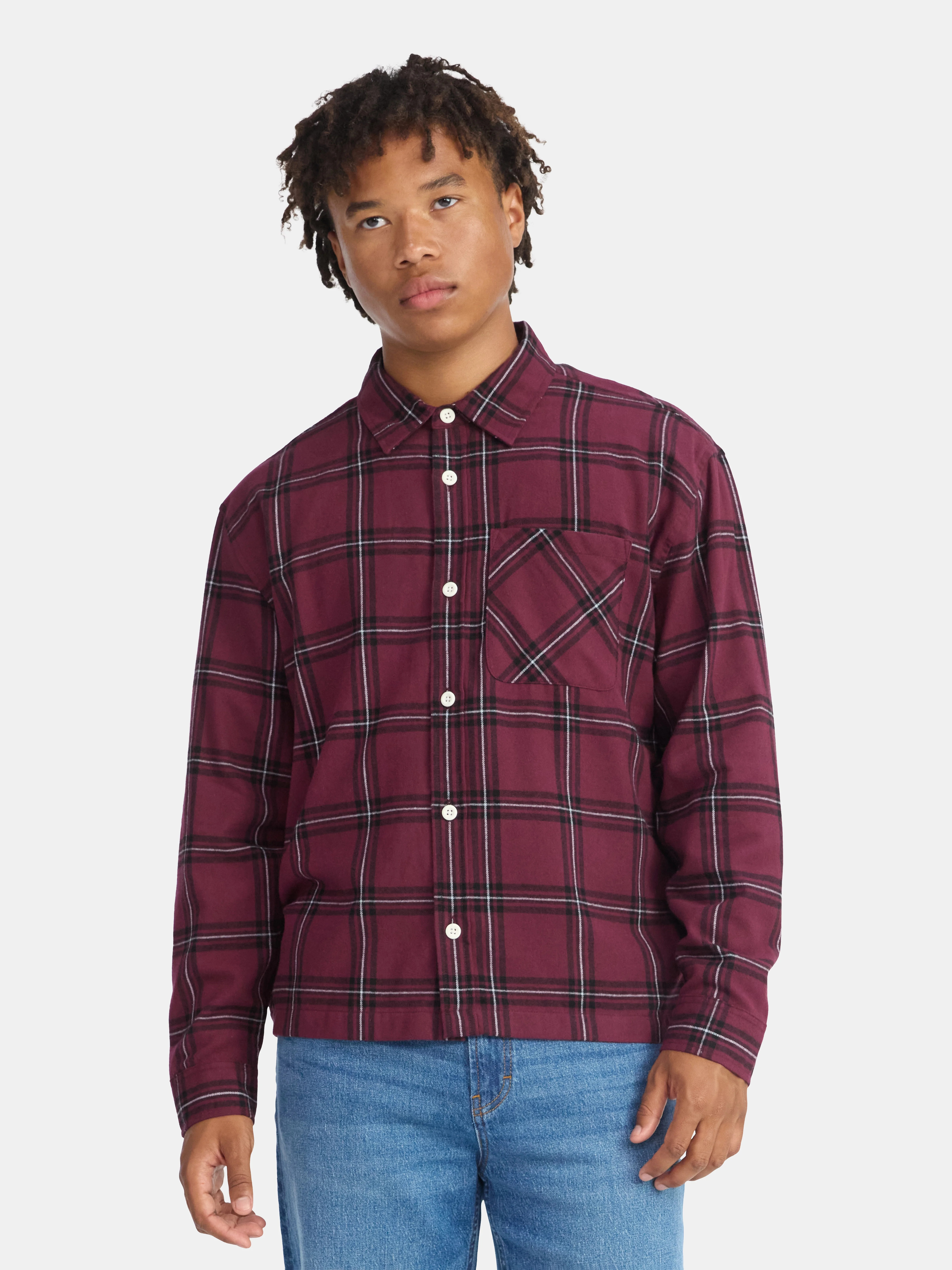 No Boundaries Collared Cotton Flannel Shirt, Men's and Big Men's | Walmart (US)