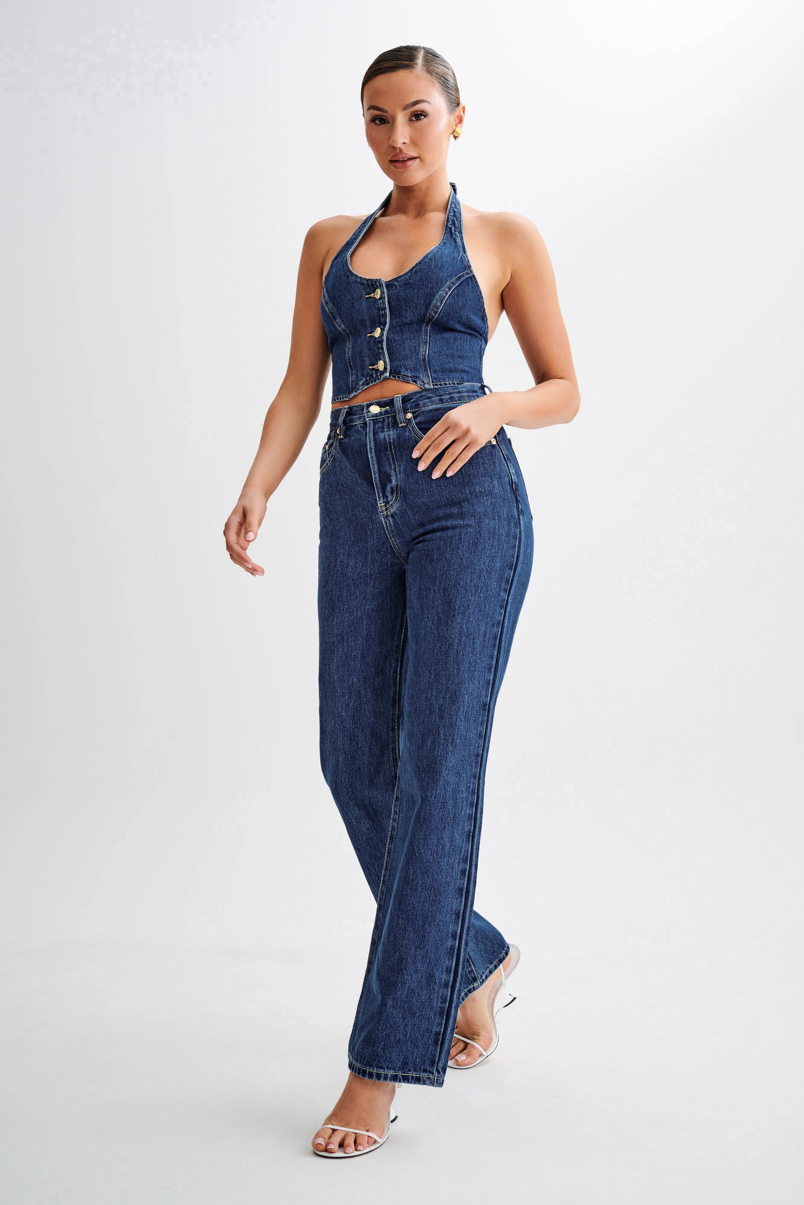 Janine High Waisted Straight Leg Jeans - Dark Blue | MESHKI US