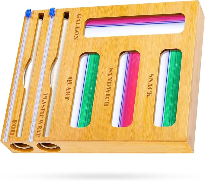 Calmbee Storage Bag Organizer and Wrap Dispenser with Cutter, 6 IN 1 Bamboo Foil and Plastic Wrap... | Amazon (US)