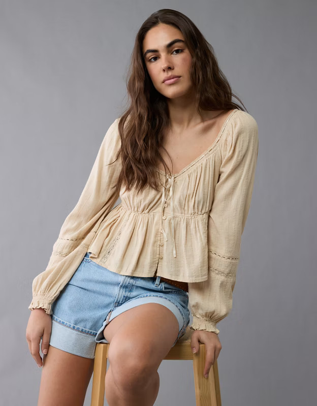 AE Long-Sleeve Babydoll Blouse | American Eagle Outfitters (US & CA)