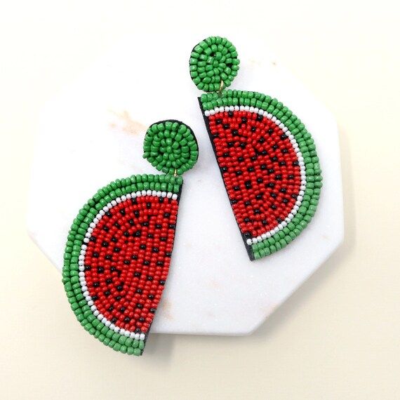 Seed Beaded Fruit Watermelon Drop Earrings, Fashion Statement Earrings, Tropical Earrings, Fashio... | Etsy (US)