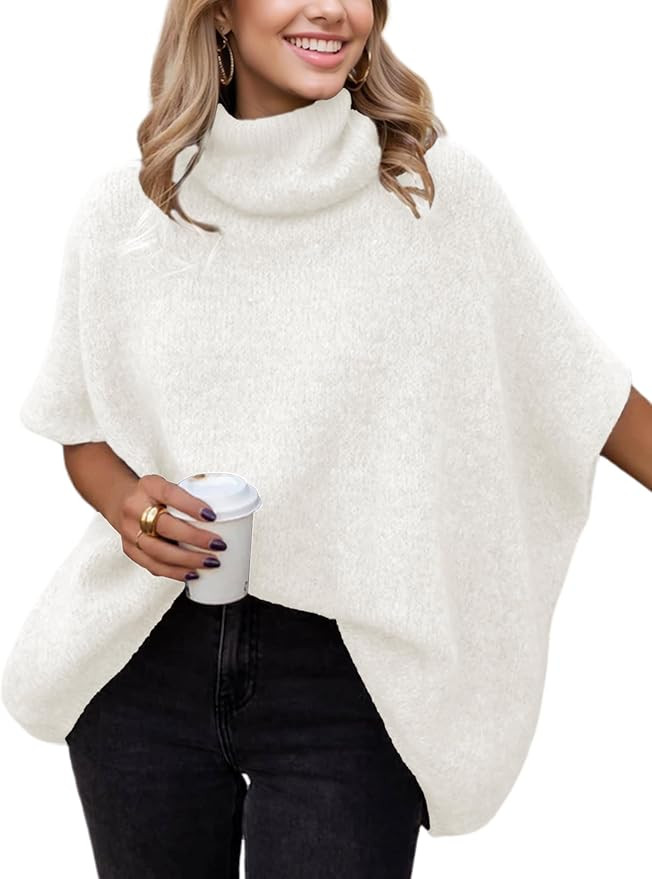 Womens Turtleneck Batwing Sleeve Sweater Knitted Oversized Chunky Short Dolman Tops | Amazon (US)