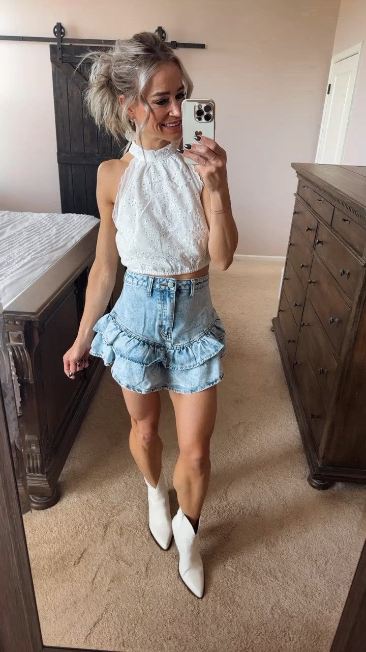 This Ain’t Texas 
But it is your next country concert outfit! This skirt is SO fun! It runs a little big so I would size down. 
This burn out embroidery halter top ties at the neck, and is so pretty in person!

#LTKFestival #LTKstyletip #LTKfindsunder50