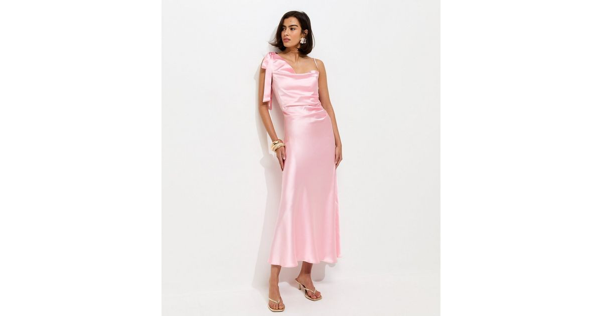 Light Pink Satin Draped Shoulder Bow Midi Dress | New Look | New Look (UK)