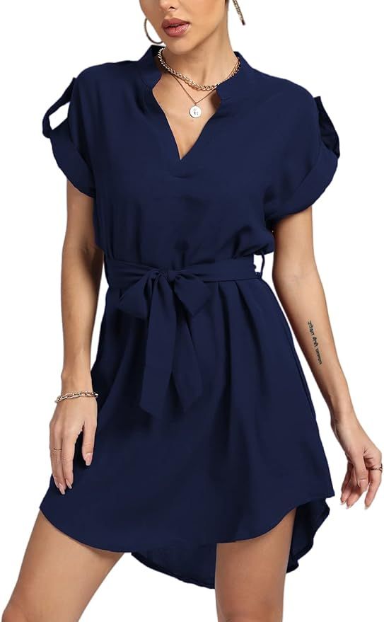 LYANER Women's V Neck Belted High Low Roll Short Sleeve Office Tunic Mini Dress | Amazon (US)