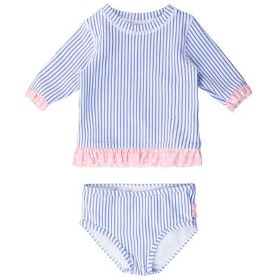 RuffleButts Baby UPF50+ Seersucker Short Sleeve Ruffle Rash Guard Bikini - Periwinkle Blue, 18-24m | Target