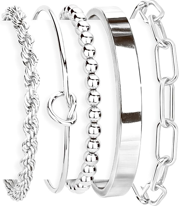Gold Bracelets Set for Women Non Tarnish, Waterproof 14K Gold Plated Sterling Silver Chunky Cuff ... | Amazon (US)