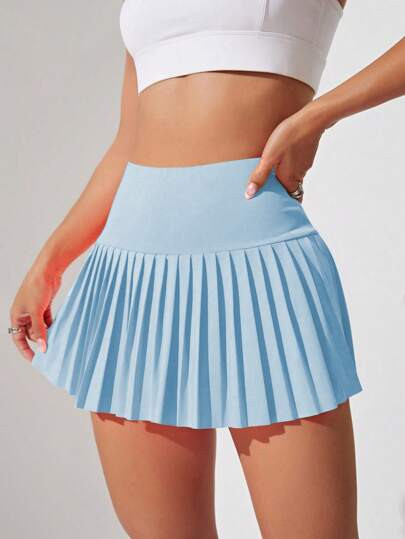 Sovereign Charm Women's Solid Color Simple Pleated Sport Skort Blue Skirttennis Skirt | SHEIN