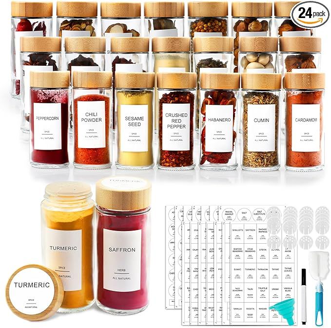 AISIPRIN Spice Jars with 398 Labels-4oz 24 Pcs,Glass Jars with Bamboo Airtight Lids,Round Spices ... | Amazon (US)