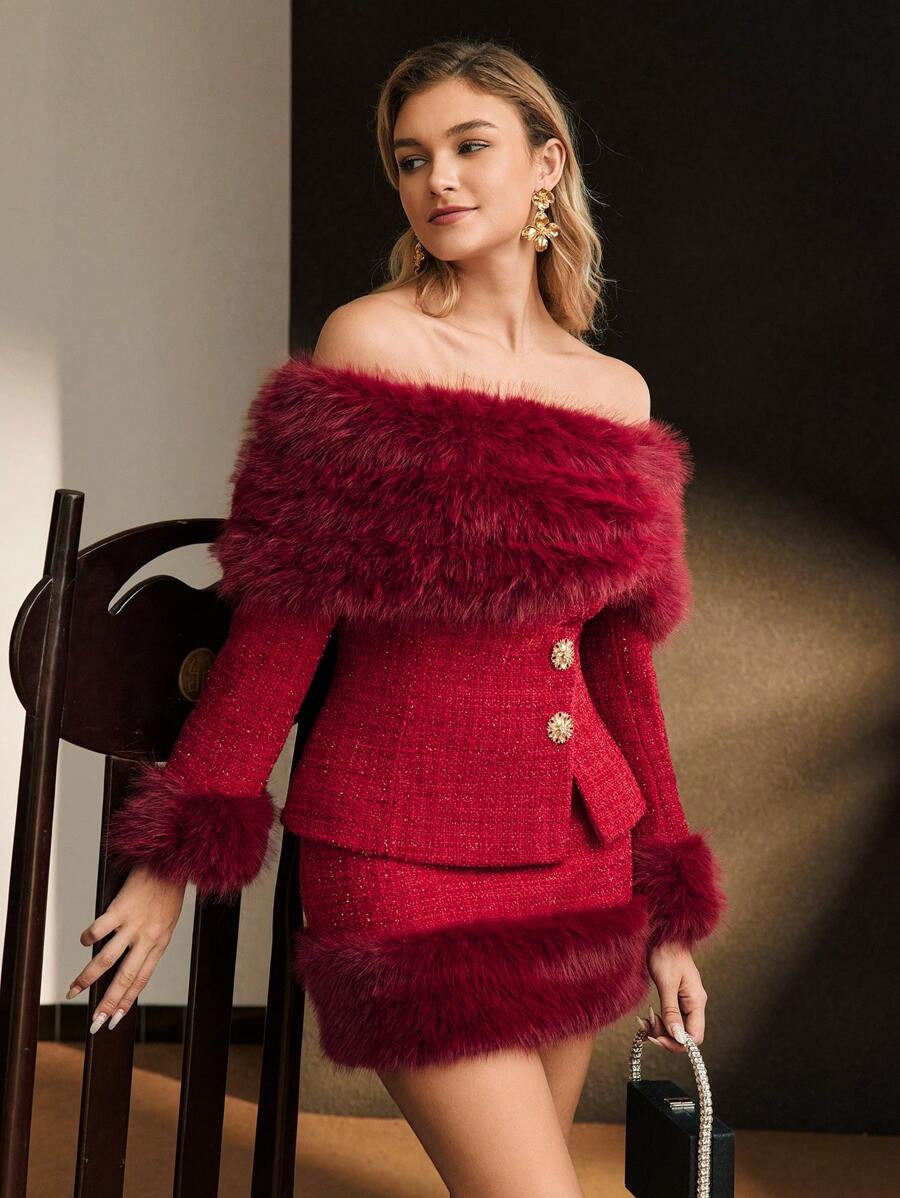 MOTF Soiréza TWEED FLUFFY PANEL OFF SHOULDER JACKET | SHEIN