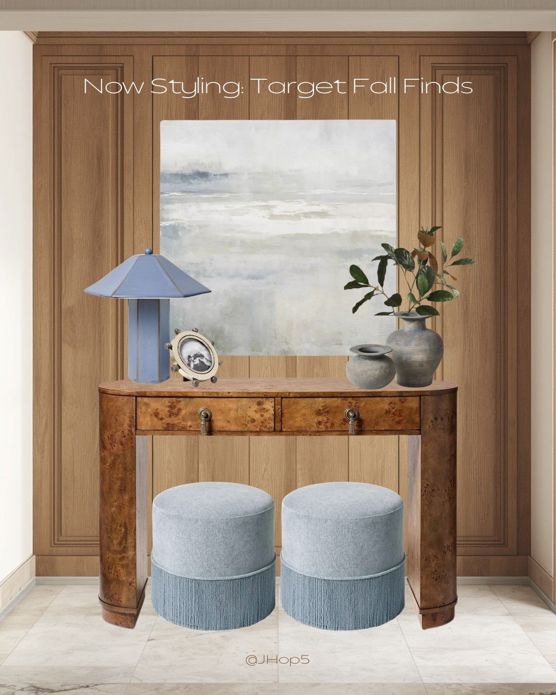 Elevate your entryway with this mid-century modern console styling featuring a vibrant blue ceramic lamp, large statement canvas art, and textured tassel fringe ottomans. This curated look perfectly balances clean, classic lines with cozy, warm summer textures.#EntrywayDesign #MidCenturyModern #ConsoleStyling #HomeDecor

#LTKSeasonal #LTKHome