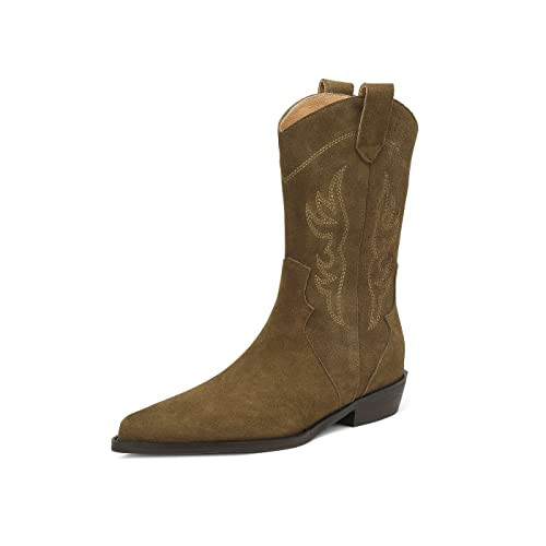 Women Cowboy Faux Suede Pointed Toe flat Boots Mid Calf Embroidery pull-on Fashion Western Boot green 9.5 US | Amazon (US)
