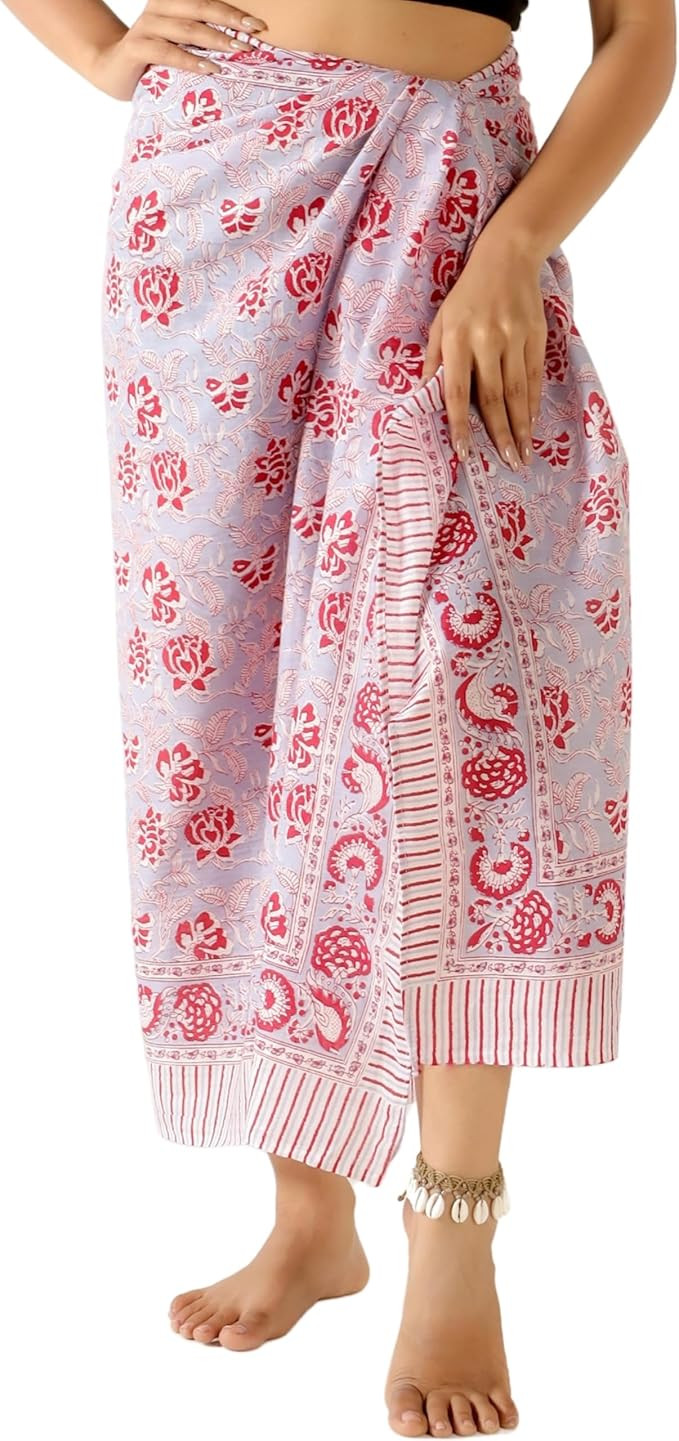 100% Cotton Sarong Cover Up for Women Indian Block Print Beach Wrap Skirt Long Boho Swimsuit Biki... | Amazon (US)