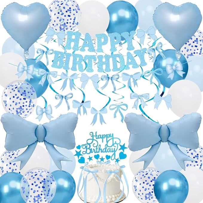 Blue Bow Birthday Decorations, Happy Birthday Banner Garland and Hanging Swirls, 28Pcs Balloons, ... | Amazon (US)