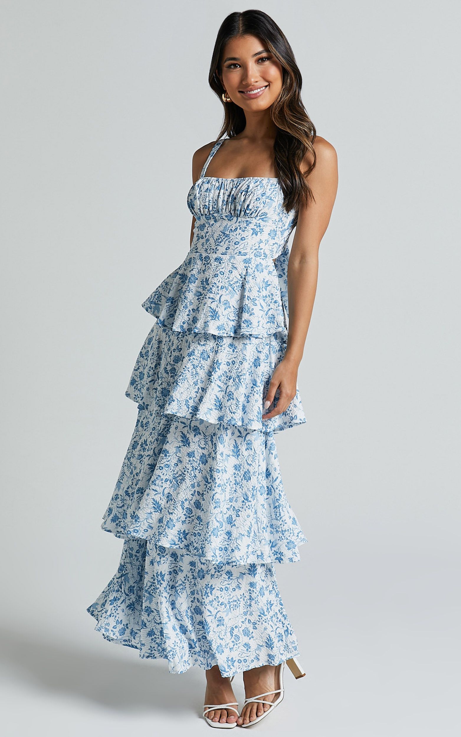 Lorma Midi Dress - Ruched Layered Dress in Blue Floral | Showpo (US, UK & Europe)