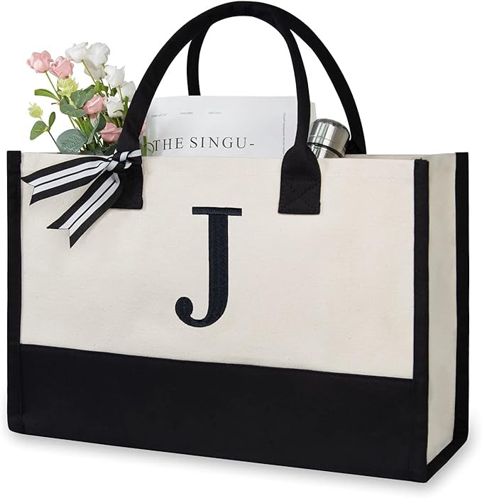 TOPDesign Personalized Initial Canvas Beach Bag, Monogrammed Gift Tote Bag for Women | Amazon (US)