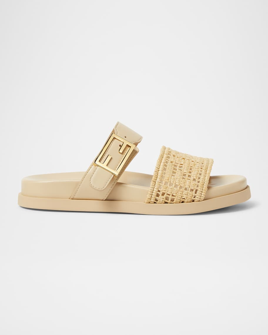 Fendi FF Raffia Leather Dual-Strap Slide Sandals | Neiman Marcus