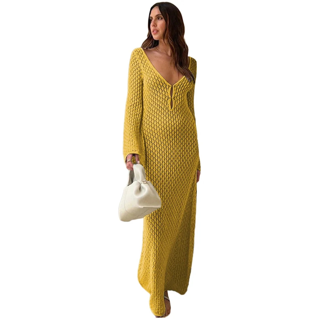 Long Sleeve Knitted Cover Up Dress Long Beach Dress Crochet Swim Coverup - Walmart.com | Walmart (US)