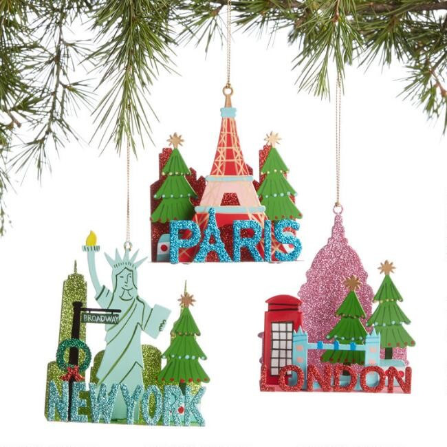 Glittered Metal Cityscape Ornaments Set of 3 | World Market
