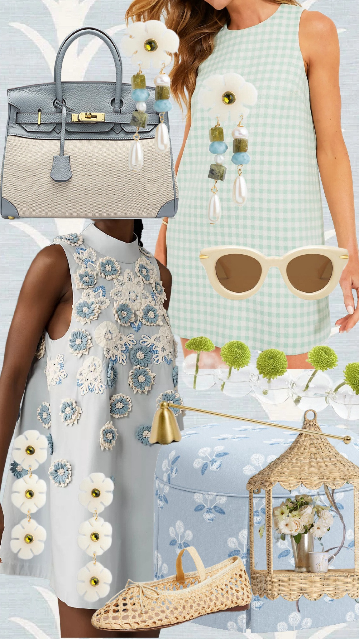 Summer dresses, gingham dress, amazon finds, target finds, earrings, wicker, rattan, one kings lane, flower vase 