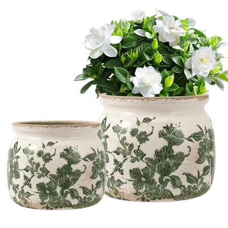 Set of 2 Vintage Ceramic Planters with Drainage Hole – Indoor Flower Pots & Plant Vases, Green Tuscan Planter Set for Home, Gardening, Christmas Decor | Walmart (US)