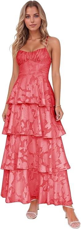 Jacquard Floral Tiered Bridesmaid Dresses Long for Women Spaghetti Straps Prom Dress A Line Forma... | Amazon (US)