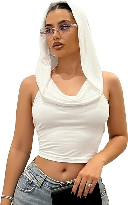 Women\u2019s Backless Hoodie Tank Top, Sexy Draped Halter Crop Top, Stretchy Rave Festival Outfit | Amazon (US)