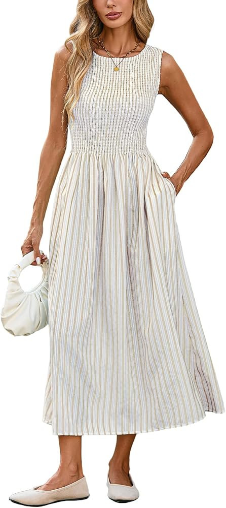 YEXPINE Women's Striped Smocked Sundress Sleeveless Swing A Line Beach Midi Dress with Pockets | Amazon (US)