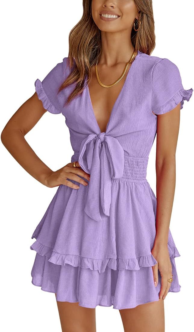 SySea Women's Summer Dresses 2023 V Neck Tie Front Flowy Short Sleeve Ruffle Mini Dress | Amazon (US)
