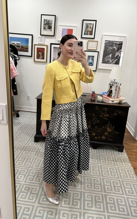 Feeling spring-y in this yellow tweed jacket 🌻 Tweed jacket runs true- I’m wearing the size 6. Polka dot dress runs true- I’m wearing the small. Found two great silver ballet flat options since my Chanel ballet flats are no longer available. 