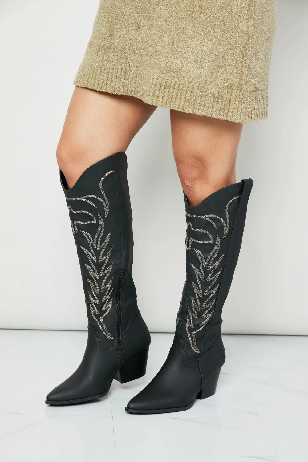 Qupid Cheyenne Nights Embroidered Knee High Cowboy Boots in Black | Goodnight Macaroon