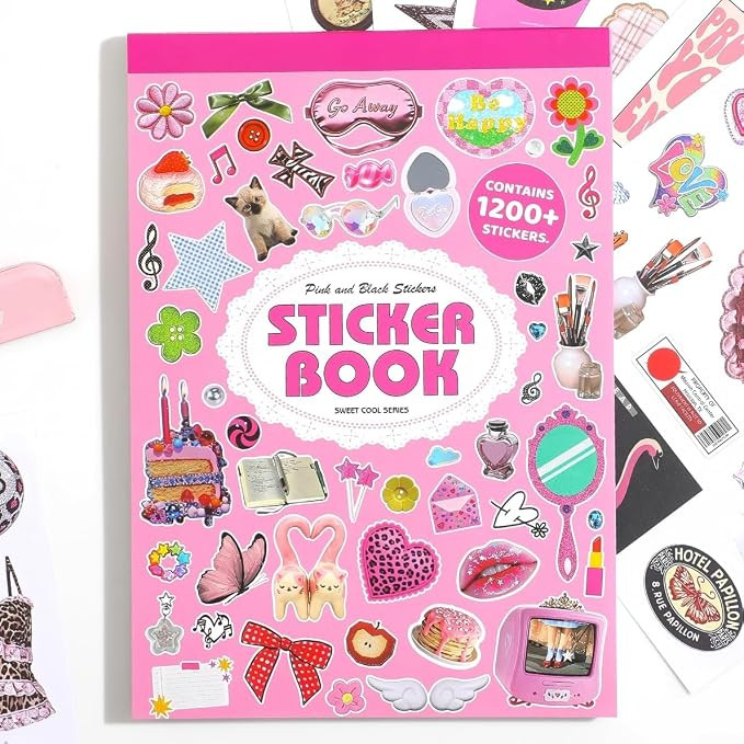 1200Pcs+ Aesthetic Sticker Book, Sweet Cool Y2K Pink Decorative Stickers for Journal Scrapbook Cr... | Amazon (US)