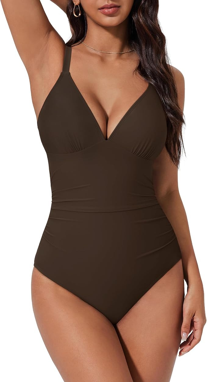 SUUKSESS Women Tummy Control One Piece Swimsuit Sexy V Neck Push Up Bathing Suit | Amazon (US)