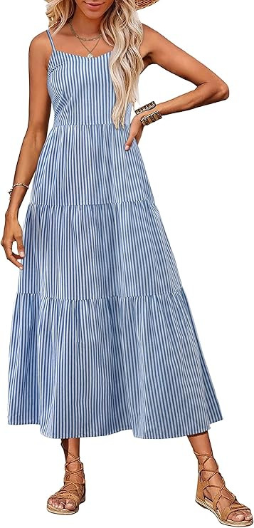 ANRABESS Womens Summer Midi Dresses Casual Striped Plaid Sleeveless Flowy Maxi Dress 2026 Beach V... | Amazon (US)