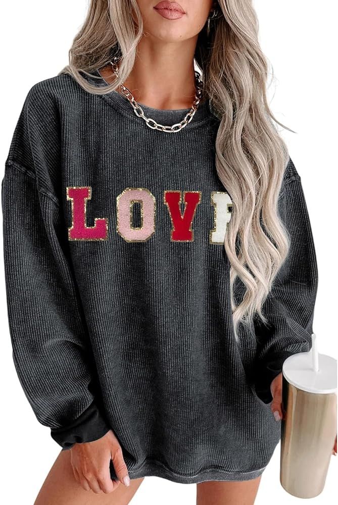 SELINK Women's Casual Sweatshirts Sequin Graphic Print Crew Neck Corded Sweatshirt Pullover Tops | Amazon (US)