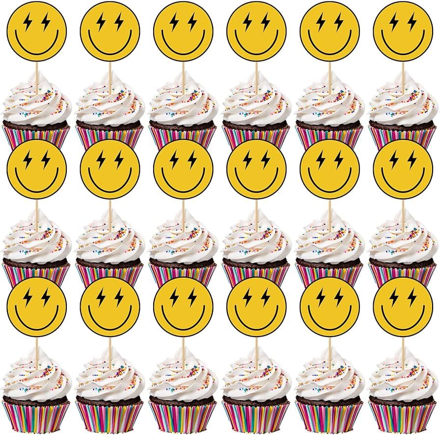 Seajan 48 Pcs One Happy Dude Birthday Cupcake Toppers Smile Face 1st Birthday Cake Topper Hippie ... | Amazon (US)