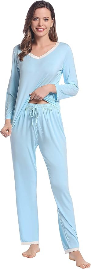 Joyaria Womens Pajamas Set Long Sleeve/Long Pant/V Neck/Satin Trim | Amazon (US)